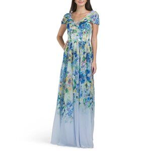 MARCHESA Blue/Yellow Painted Print On Chiffon Gown